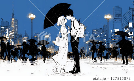 雨の中でデートするカップル（シンプルな色使い）