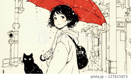 雨の中を歩く女性（シンプルな色使い）