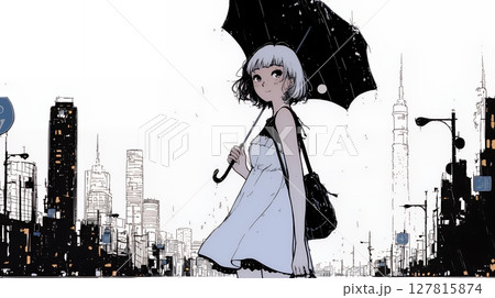 雨の中を歩く女性（シンプルな色使い）