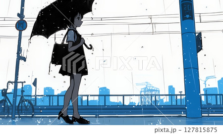 雨の中を歩く女性（シンプルな色使い）