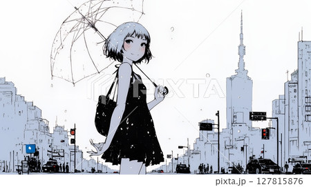 雨の中を歩く女性（シンプルな色使い）