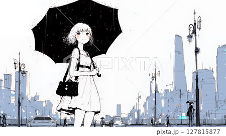 雨の中を歩く女性（シンプルな色使い）