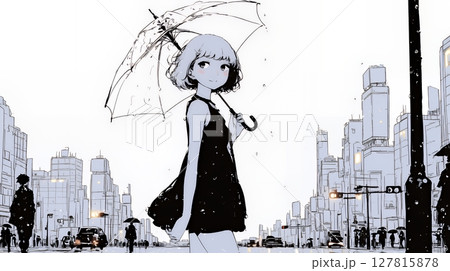 雨の中を歩く女性（シンプルな色使い）