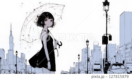 雨の中を歩く女性（シンプルな色使い） 127815879