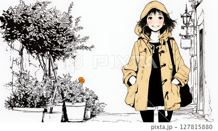 夏の急な雨をレインコートで歩く若い女性（シンプルな色使い） 127815880