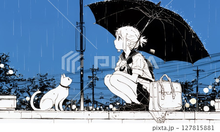 雨の中を歩く女性（シンプルな色使い）