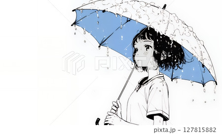 雨の中を歩く女性（シンプルな色使い）