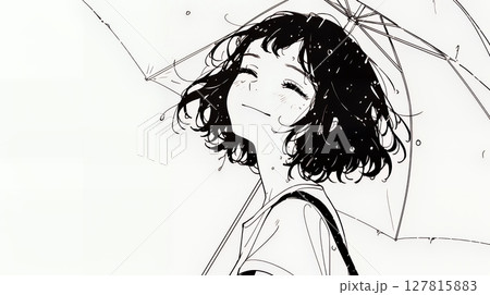 雨の中を歩く女性（シンプルな色使い）