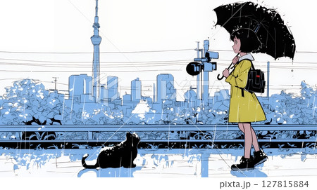 雨の中を歩く女性（シンプルな色使い）