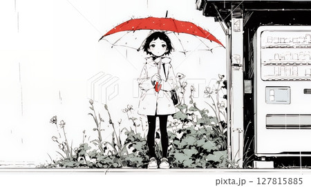 雨の中を歩く女性（シンプルな色使い）