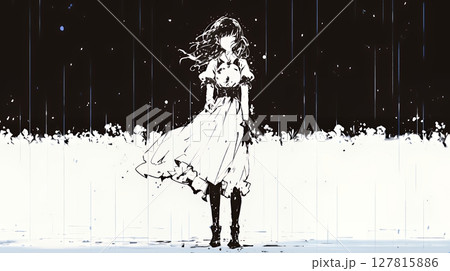 夏の急な雨でびしょ濡れの若い女性（シンプルな色使い）