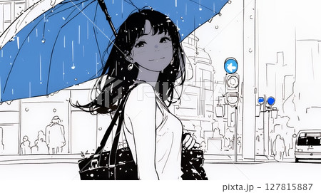 雨の中を歩く女性（シンプルな色使い）