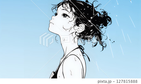 夏の急な雨でびしょ濡れの若い女性（シンプルな色使い）