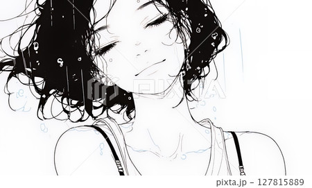 夏の急な雨でびしょ濡れの若い女性（シンプルな色使い）