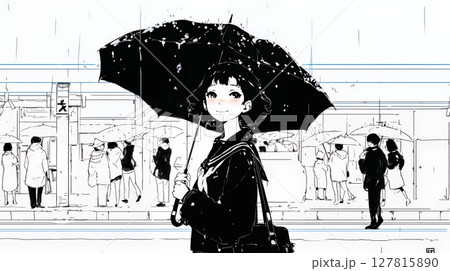 雨の中を歩く女性（シンプルな色使い）