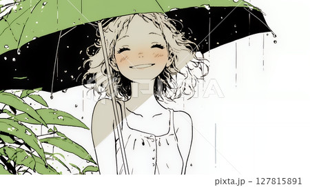 雨の中を歩く女性（シンプルな色使い）