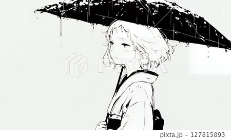 雨の中を歩く女性（シンプルな色使い）
