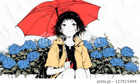 雨の中を歩く女性（シンプルな色使い）