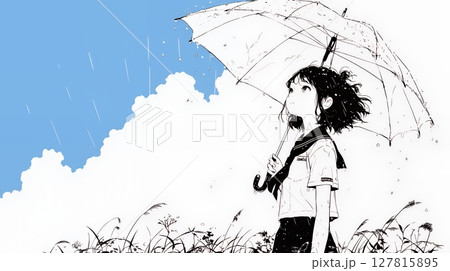夏の通り雨の中を歩く女性（シンプルな色使い）