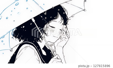 雨の中を歩く女性（シンプルな色使い）