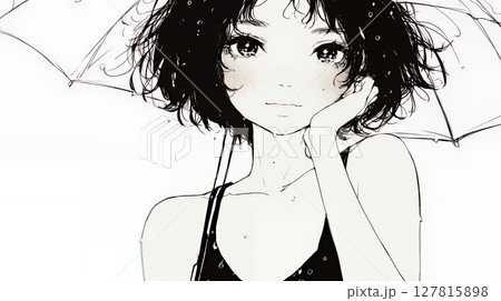 雨の中を歩く女性（シンプルな色使い）