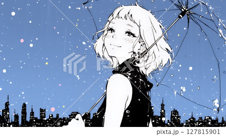 雨の中を歩く女性（シンプルな色使い）