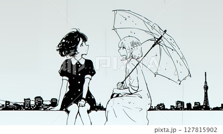 雨の中、友だちと話す女性（シンプルな色使い）