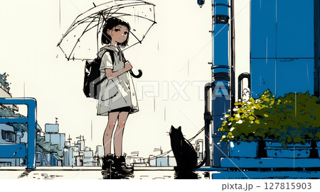 雨の中を歩く女性（シンプルな色使い）