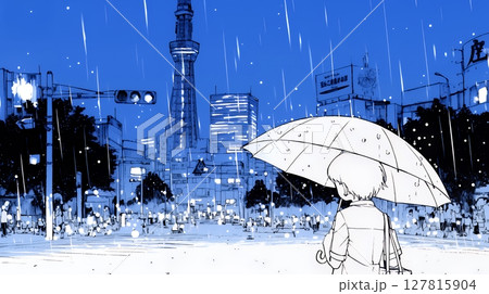 雨の中を歩く女性（シンプルな色使い）