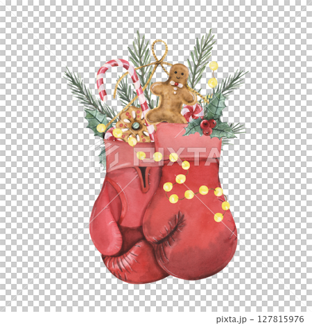Watercolor Boxing Gloves with Festive Candy Pine Sprigs 127815976
