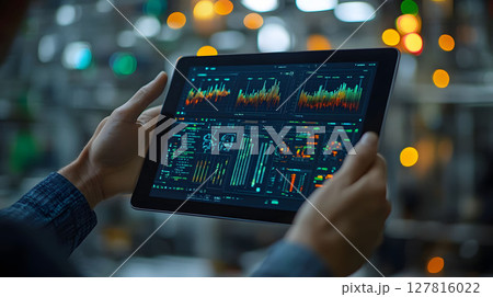 factory manager analyzing IoT sensor data via tablet 127816022