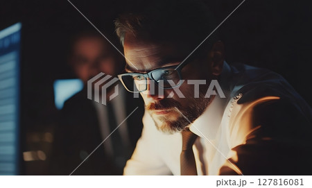 cybersecurity team analyzing data in dark tech room, 127816081
