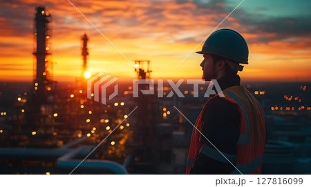 oil rig and engineer during sunset inspection scene 127816099
