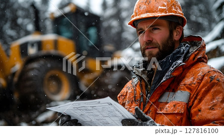 engineer pointing at blueprint near drill site machinery 127816100
