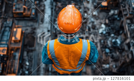 heavy-duty machinery and engineer standing for field assessment 127816101