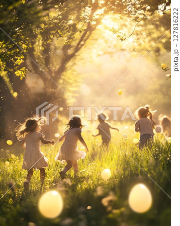 happy family with kids on meadow happy family with kids on meadow 127816222