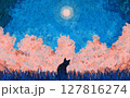 満月の夜に猫がいざなう不思議な森の中をイメージした水彩背景素材 127816274