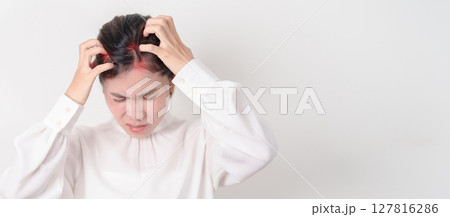 Business woman having itchy Scalp and Head hair, Dandruff, Dry Scalp, Skin Allergy Seborrheic dermatitis. Dermatology, Leprosy day, Systemic lupus erythematosus, SLE, Psoriasis and Atopic Eczema rash Business woman having itchy Scalp and Head hair, Dandruff, Dry Scalp, Skin Allergy Seborrheic dermatitis. Dermatology, Leprosy day, Systemic lupus erythematosus, SLE, Psoriasis and Atopic Eczema rash 127816286