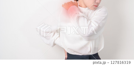 Business Woman having Shoulder Pain for Muscle Inflammation and Sprain, Myofascial ache syndrome and Fibromyalgia, Shoulder Myalgia, Scapular Tightness, Cervical Spine, Rheumatism and Office Syndrome Business Woman having Shoulder Pain for Muscle Inflammation and Sprain, Myofascial ache syndrome and Fibromyalgia, Shoulder Myalgia, Scapular Tightness, Cervical Spine, Rheumatism and Office Syndrome 127816319
