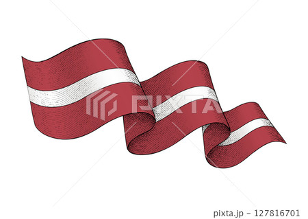Latvia flag with wavy ribbon shape and engraved texture Latvia flag with wavy ribbon shape and engraved texture 127816701