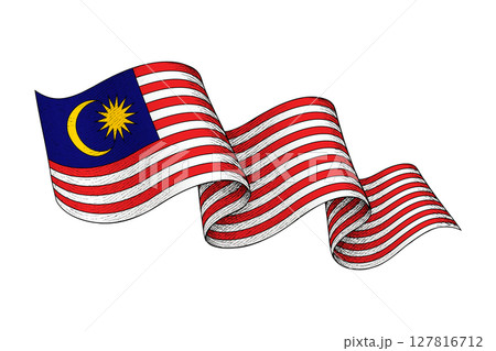 Malaysia flag with wavy ribbon shape and engraved texture 127816712