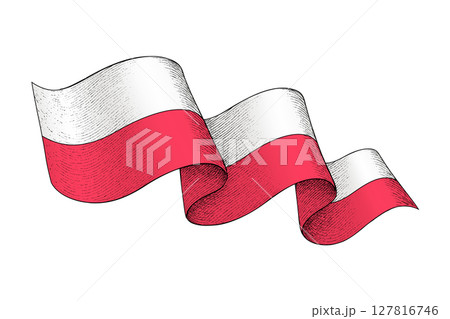 Poland flag with wavy ribbon shape and engraved texture 127816746