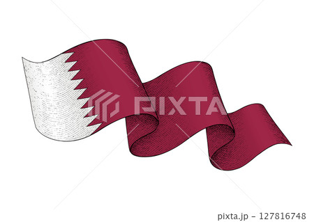 Qatar flag with wavy ribbon shape and engraved texture 127816748