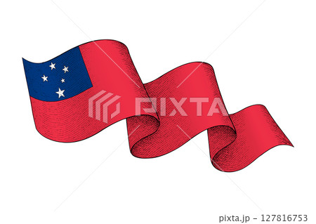 Samoa flag with wavy ribbon shape and engraved texture Samoa flag with wavy ribbon shape and engraved texture 127816753