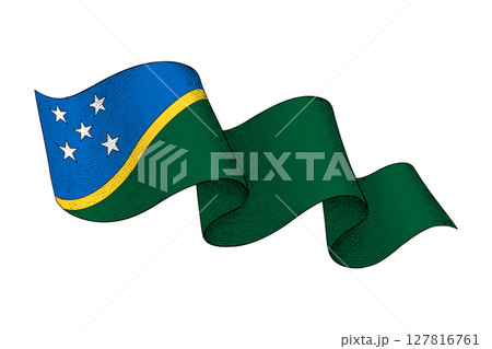 Solomon Islands flag with wavy ribbon shape and engraved texture Solomon Islands flag with wavy ribbon shape and engraved texture 127816761