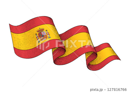 Spain flag with wavy ribbon shape and engraved texture 127816766