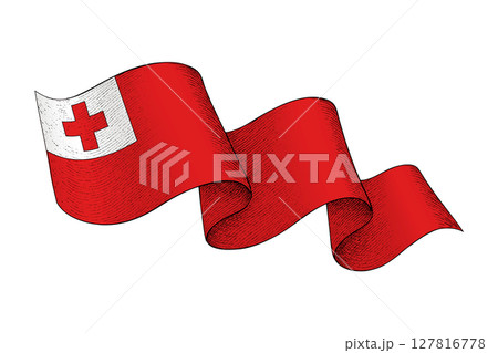 Tonga flag with wavy ribbon shape and engraved texture Tonga flag with wavy ribbon shape and engraved texture 127816778