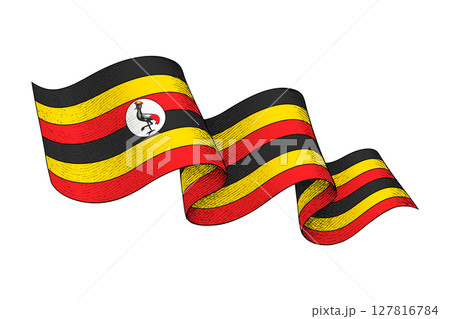 Uganda flag with wavy ribbon shape and engraved texture Uganda flag with wavy ribbon shape and engraved texture 127816784