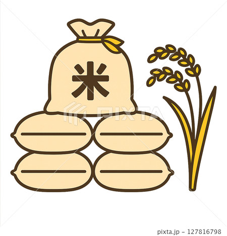 大量のコメ袋と稲穂 127816798