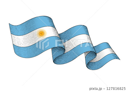 Argentina flag with wavy ribbon shape and engraved texture 127816825